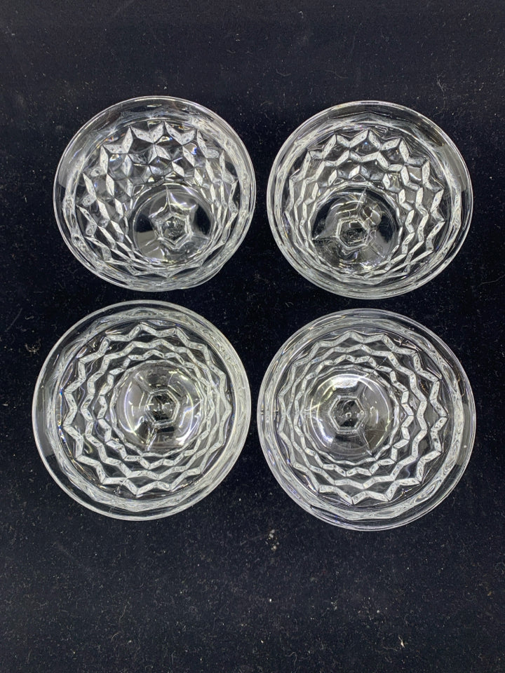 4 SHORT DIAMOND PATTERN GLASS SERVERS.