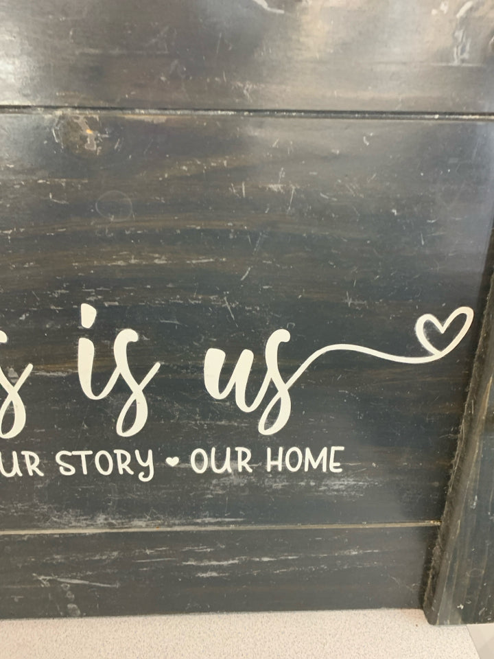 THIS IS US BLUE WOOD TRAY W/METAL HANDLES.