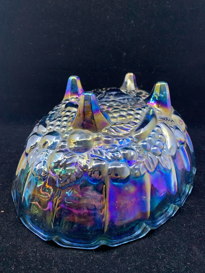 VTG OVAL FOOTED BLUE CARNIVAL GLASS EMBOSSED COMPOTE BOWL.