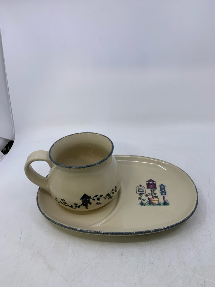 2 PC SNACK PLATE/SOUP BOWL W/ BIRD HOUSES.