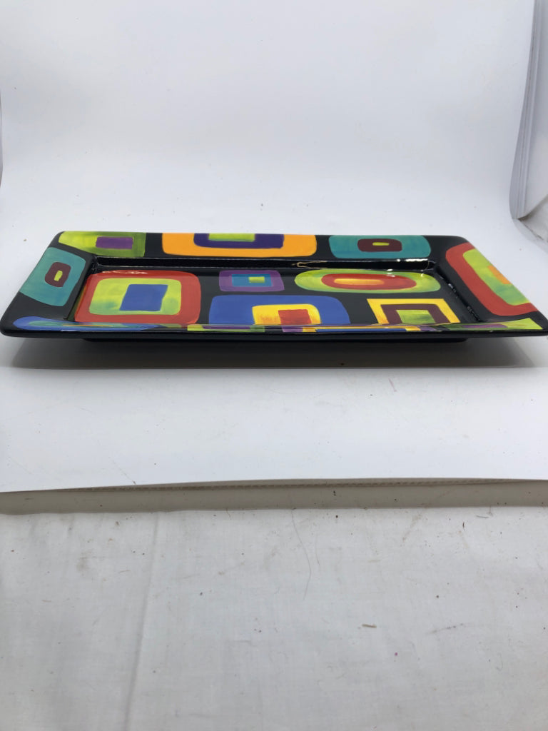 CERAMIC BLACK TRAY W/ COLORFUL SQUARES.