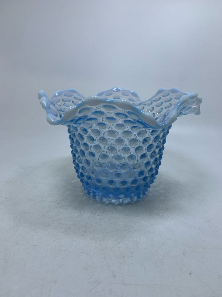 VTG BLUE/WHITE OPALESCENT HOBNAIL VASE W/ RUFFLED EDGE.