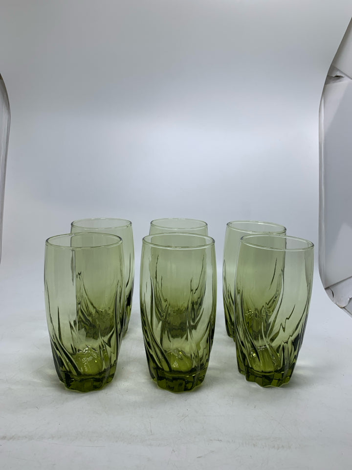 6 VTG AVOCADO GREEN SWIRL WAVE WATER GLASSES.