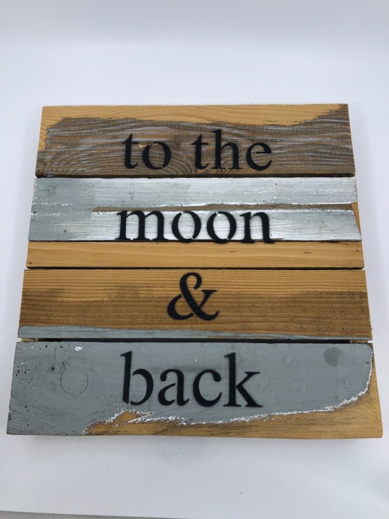 DISTRESSED WOOD WALL HANGING TO THE MOON & BACK.