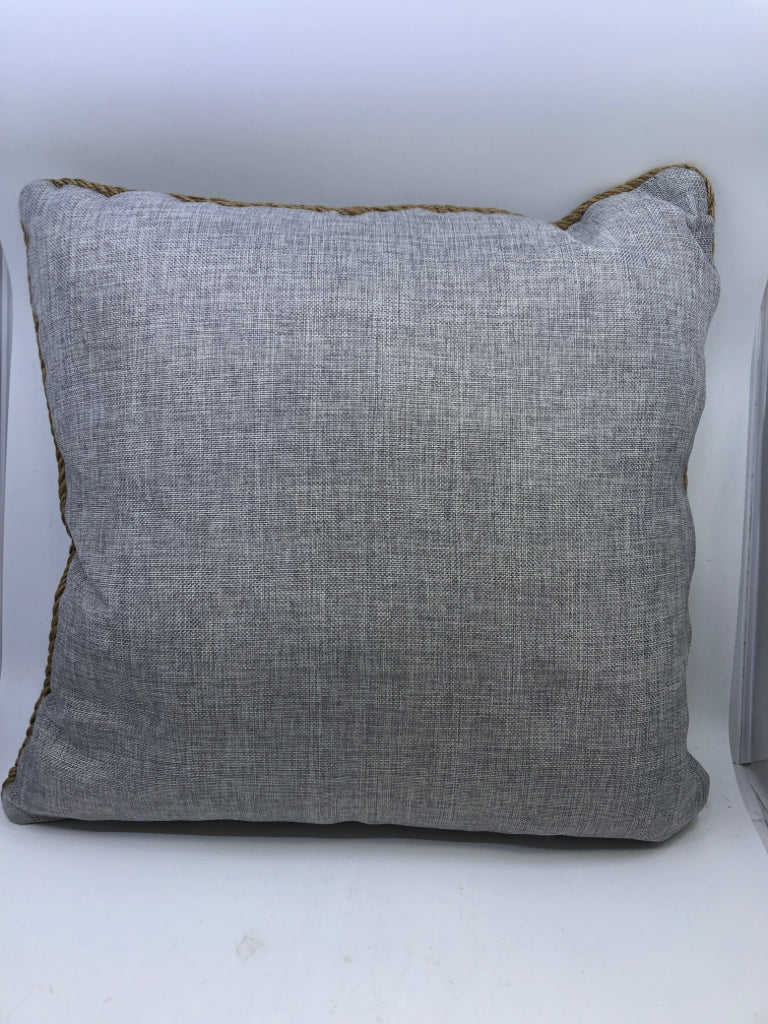 LIGHT GREY SQUARE PILLOW W/ LARGE BUTTONS/ROPE TRIM.