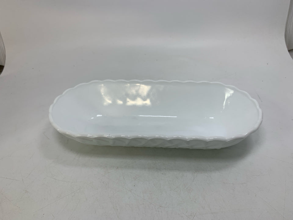 OVAL MILK GLASS BOWL SCALLOP EDGE BASKET WEAVE.
