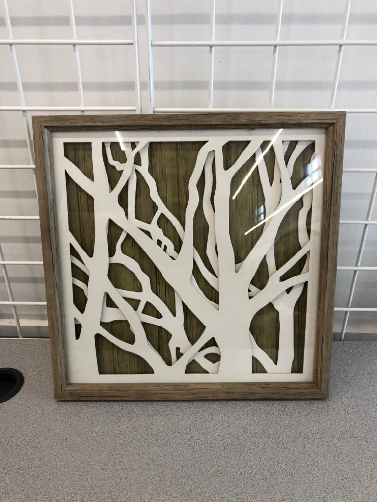 LAYERED WOODEN TREES IN FRAME.