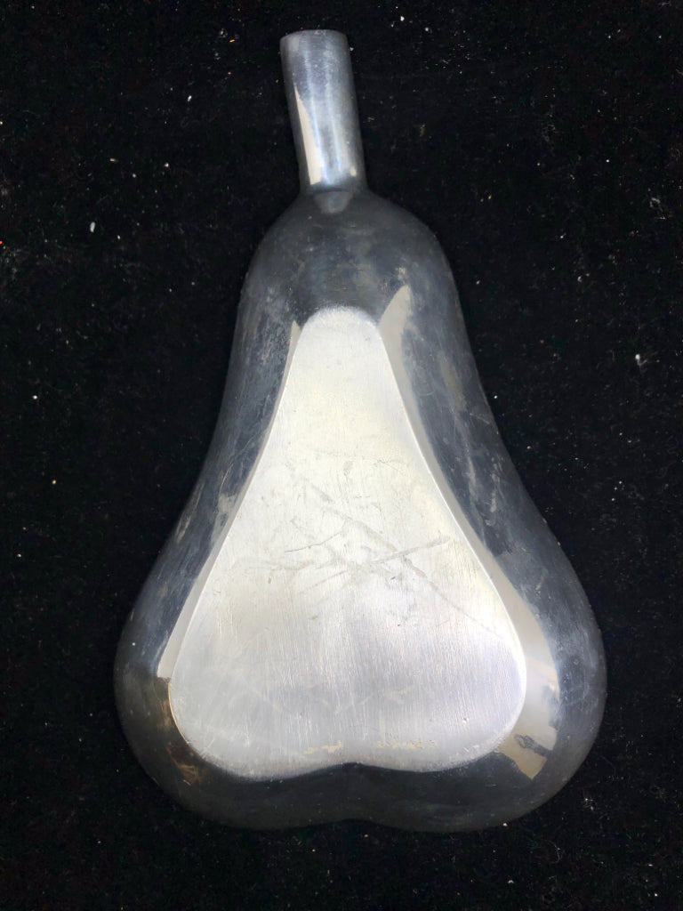 METAL PEAR SHAPED BOWL W YELLOW INSIDE.