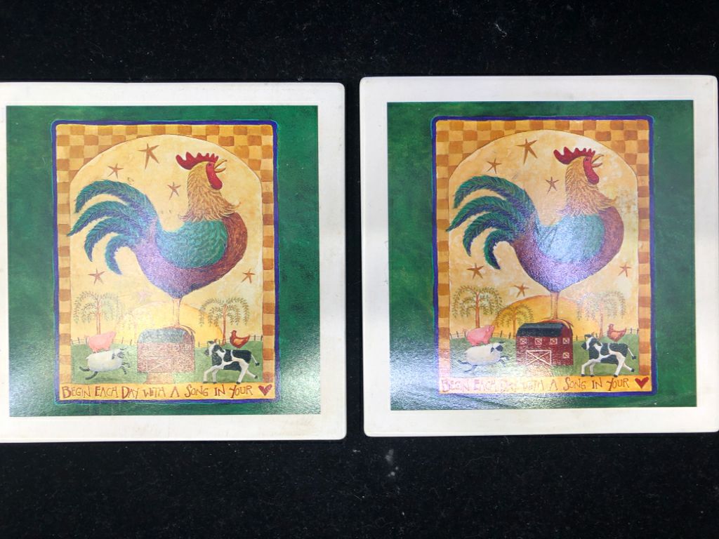 2 CERAMIC ROOSTER TRIVETS.