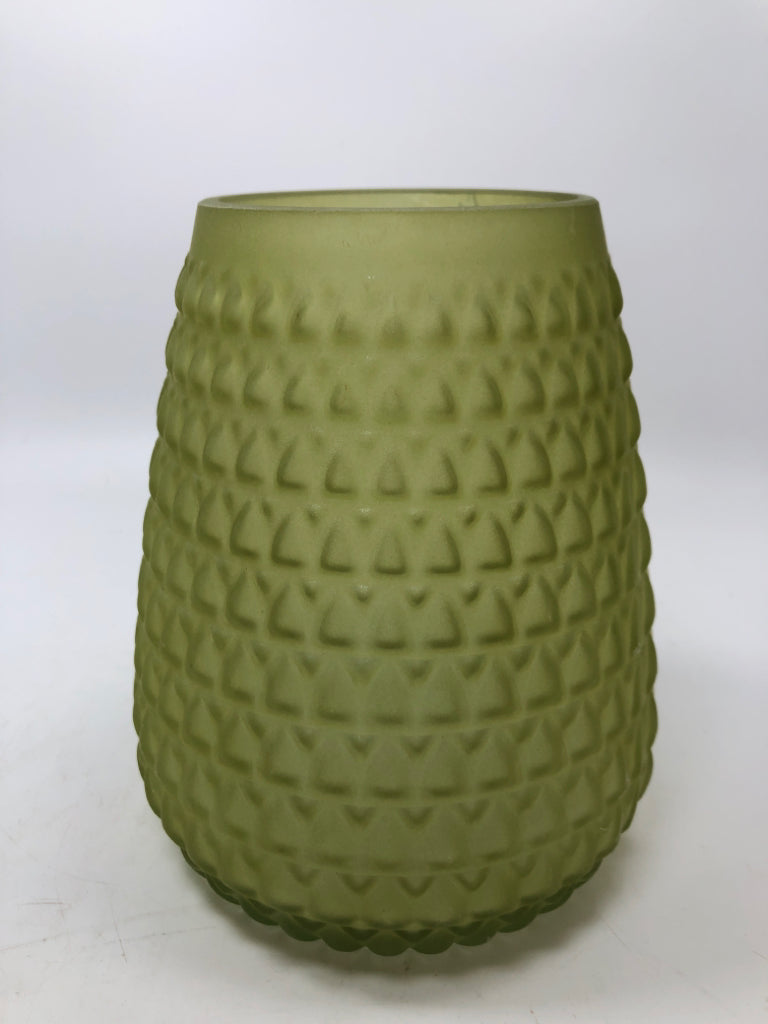 GREEN FROSTED GLASS CANDLE JAR.