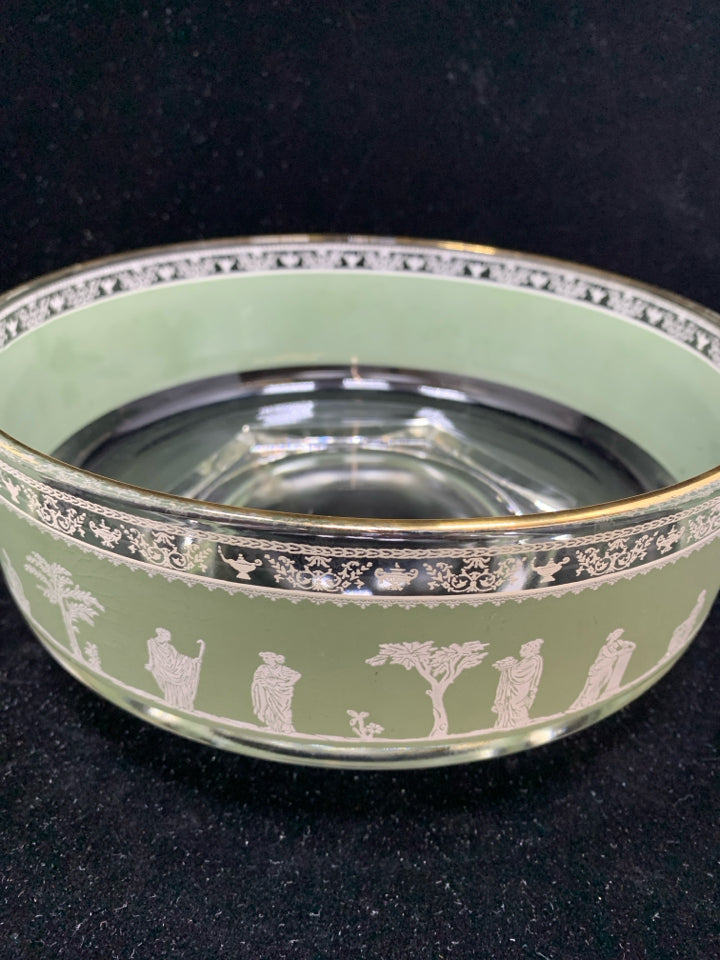 VTG 5PC HELLENIC GREEN GLASS SERVING BOWL W/4 BOWLS.