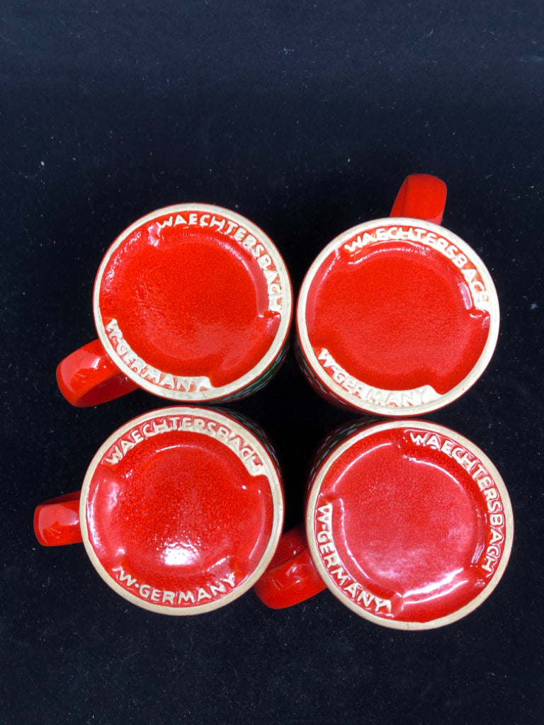 4 RED CERAMIC CHRISTMAS MUGS W TREE.