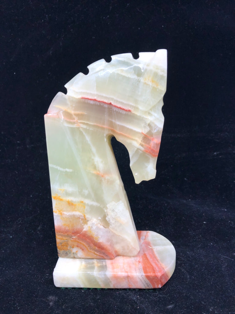 1-MULTI COLORED MARBLE HORSE HEAD BOOK END.