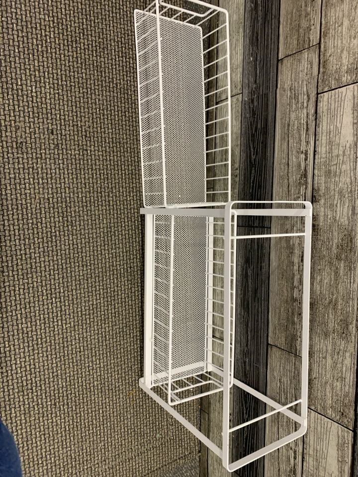 2 TIER WHITE METAL NARROW CABINET STORAGE SHELVES.