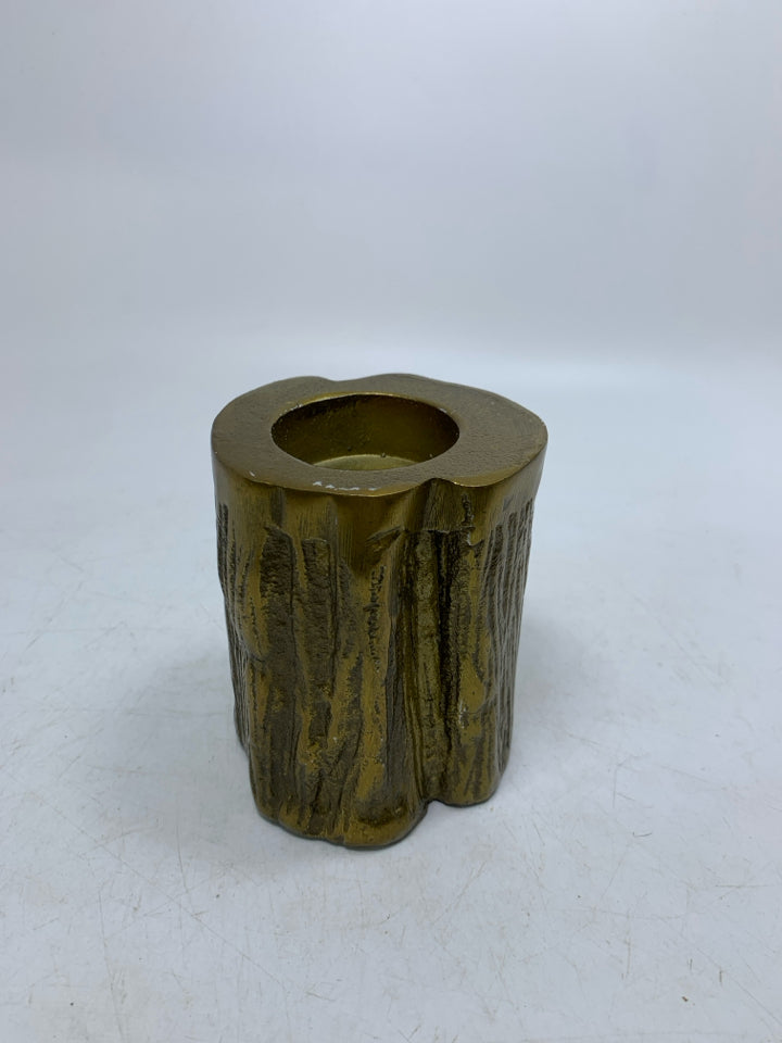 GOLD METAL TREE STUMP TEALIGHT HOLDER.