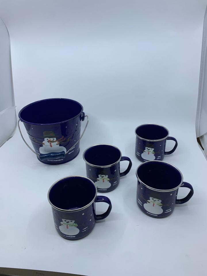 5 PC ENAMEL COBALT 4 BLUE SNOWMAN CUPS W/ ICE BUCKET.