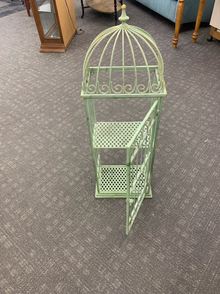 GREEN DISTRESSED 2 TIER METAL W/ DOOR FAUX BIRD CAGE.