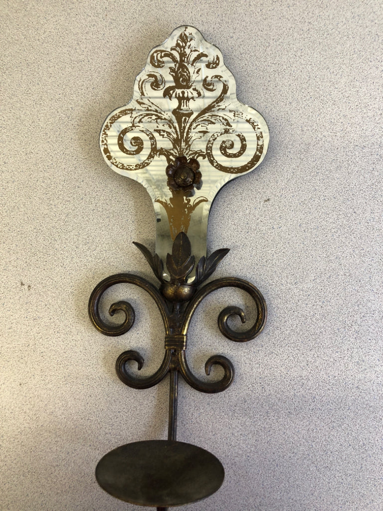 BRONZE MIRRORED SCROLL WALL SCONCE.