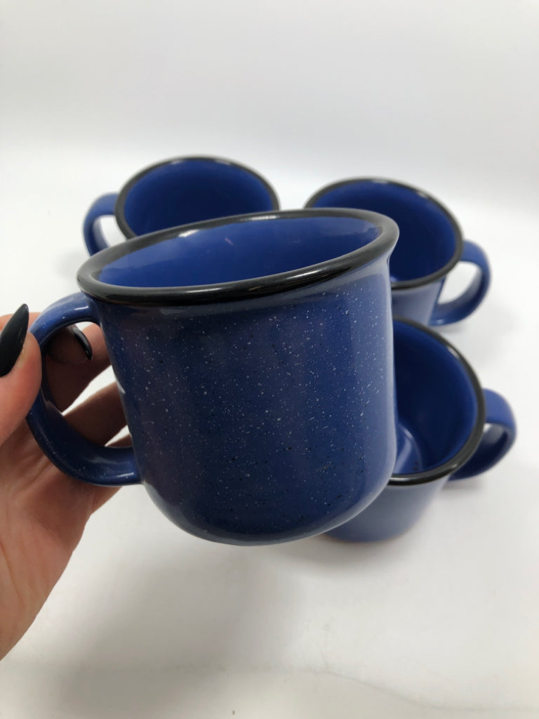 4 BLUE SPECKLE MUGS W/BLACK RIM.