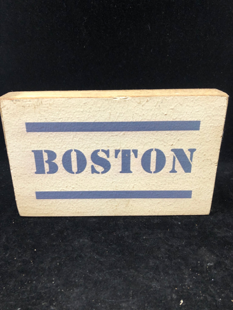 WOOD BLOCK SIGN BOSTON BLUE WRITING.