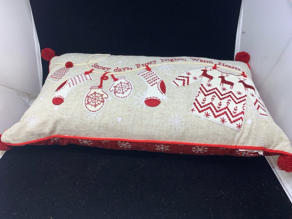 SNOWY DAYS- RECTANGLE PILLOW W/RED POM POMS.