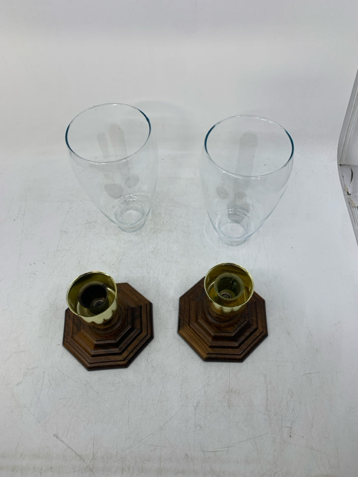 2 WOOD BASE W/ CLEAR GLASS SHADED TAPERED CORNWALL.