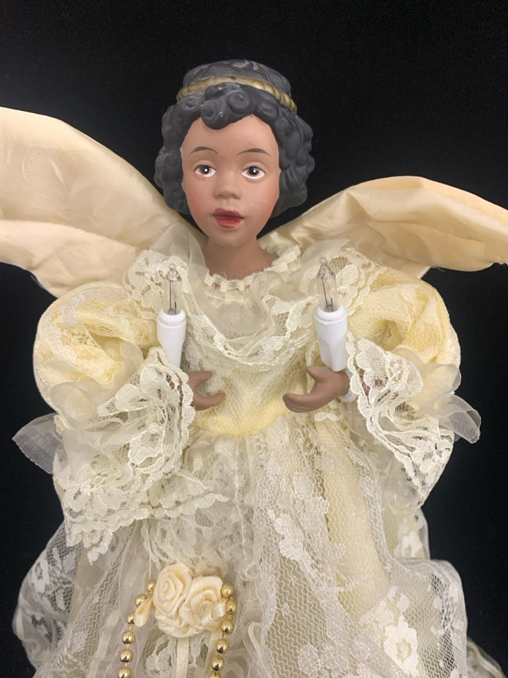 LIGHT UP ANGEL IN CREAM DRESS TREE TOPPER.