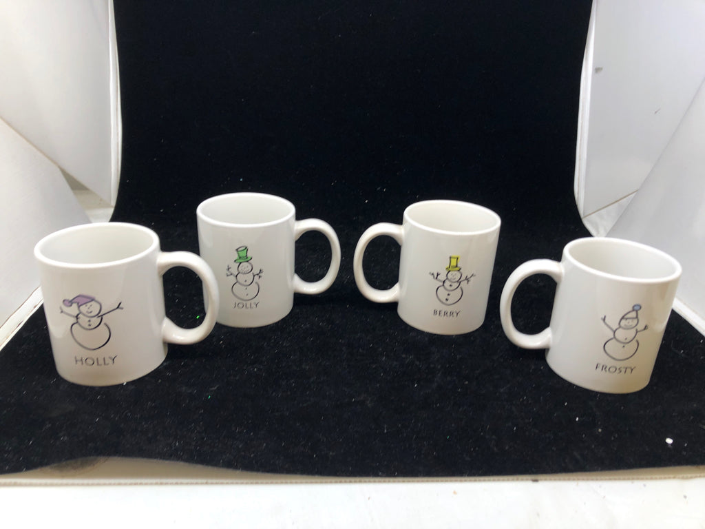 4 WHITE SNOWMAN MUGS.