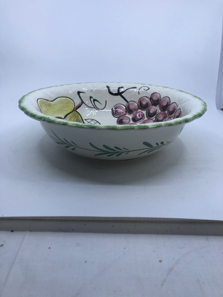 CERAMIC SERVING BOWL W/ EMBOSSED GRAPES,PEACH,PEAR GREEN RIM.
