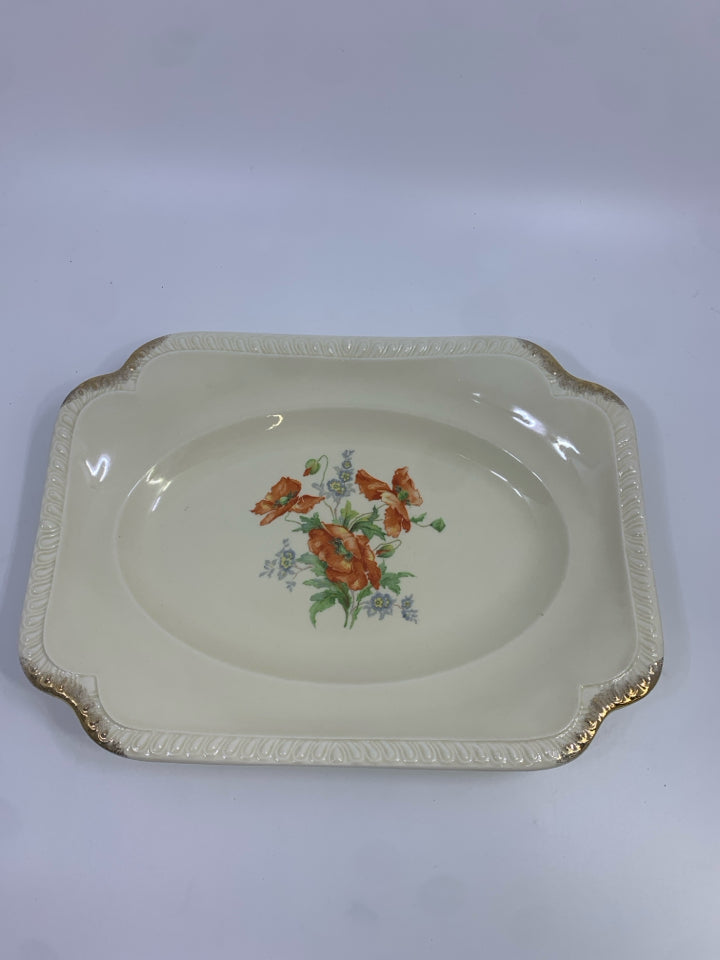 VTG RECTANGLE PLATTER W/ORANGE FLOWER GOLD EDGE DETAIL.