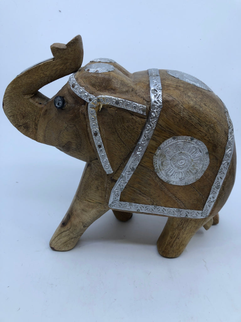 WOOD CARVED DECORATIVE ELEPHANT W METAL ACCENTS.