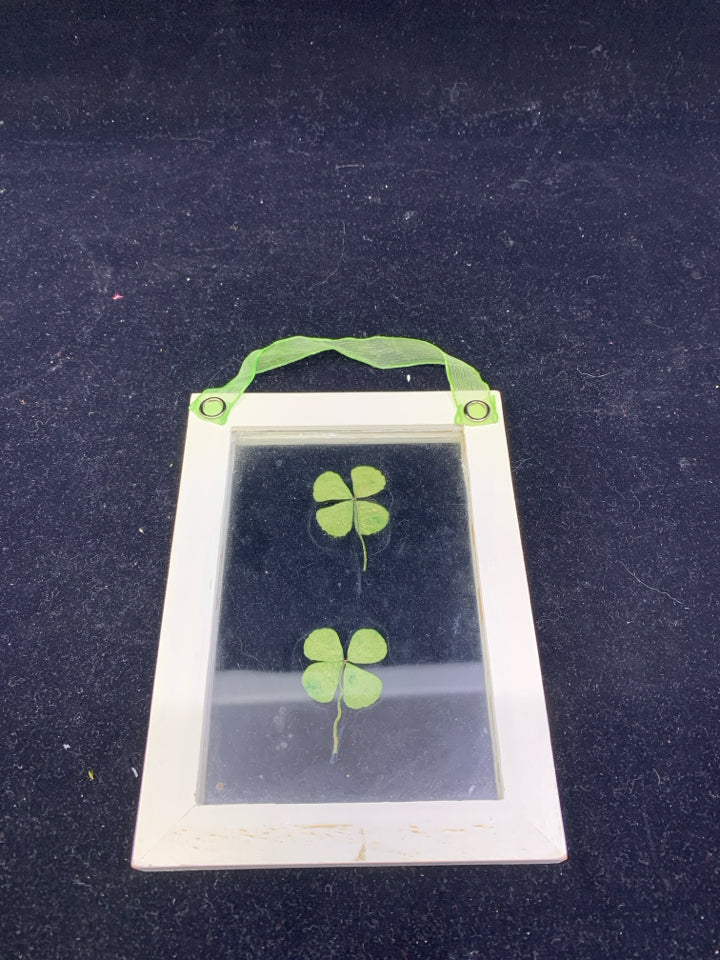 PRESSED SHAMROCK IN CREAM FRAME WALL HANGING.