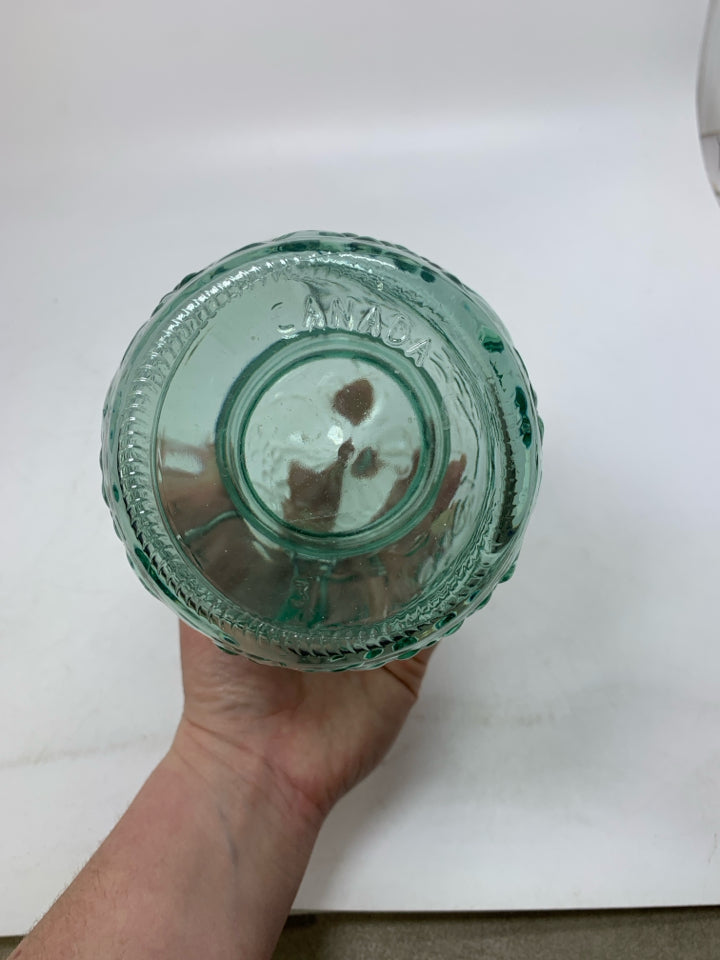 GREEN TINTED GLASS EMBOSSED FRUIT CANISTER.
