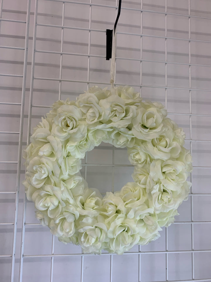 FAUX WHITE ROSE WREATH W/RIBBON.