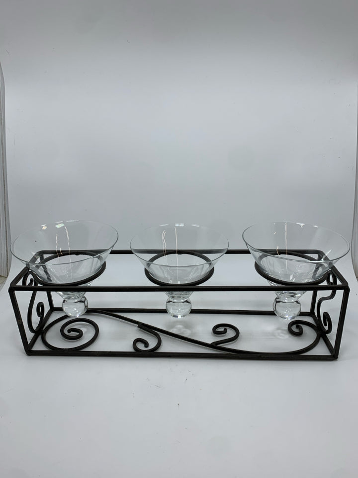 BROWN METAL SCROLL CANDLE CENTERPIECE W/3 GLASS HOLDERS.