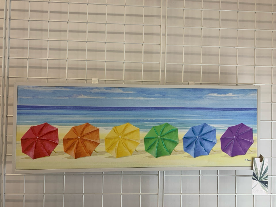 COLORFUL UMBRELLA CANVAS IN WHITE FRAME.
