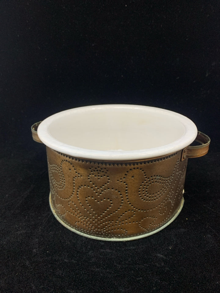 VTG PUNCHED TIN BIRDS & HEART HOLDER W/WHITE BOWL.