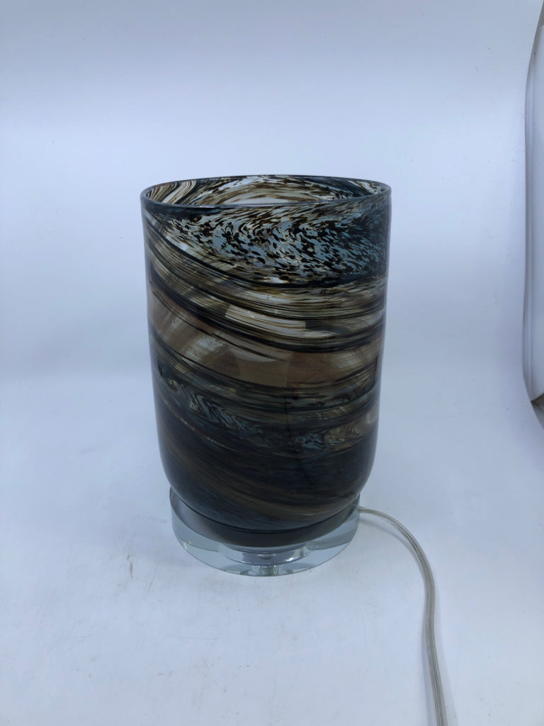 BROWN AND BLUE BLOWN GLASS LAMP.