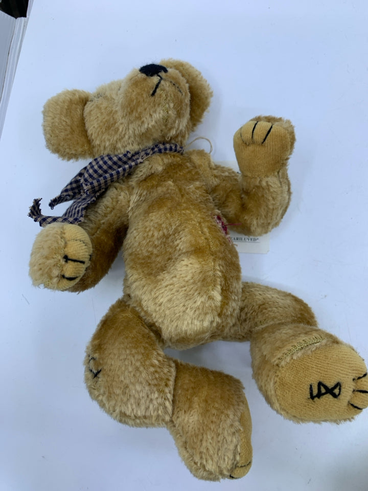 SHORT HAIR TAN BEAR W/ BLUE PLAID BOW BOYDS BEAR.
