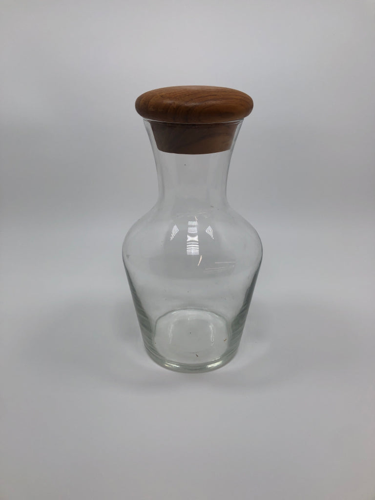 GLASS BOTTLE W/TEAK WOOD LID.