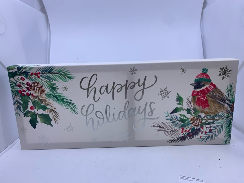 HAPPY HOLIDAYS W CHICKADEE CANVAS WALL ART.
