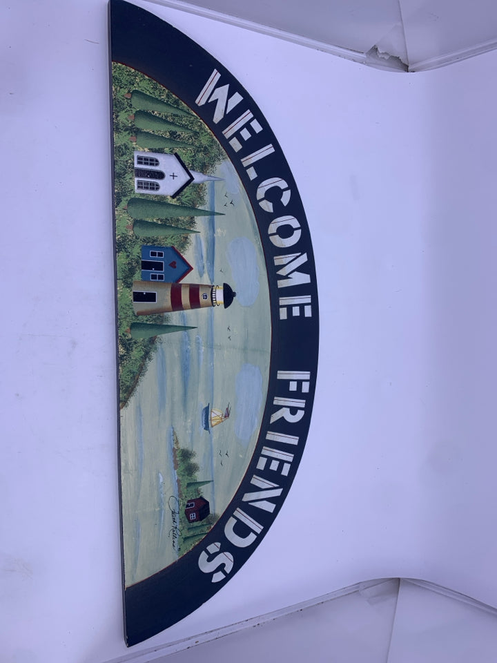 WELCOME FRIENDS PRIMITIVE HALF MOON WALL HANGING.