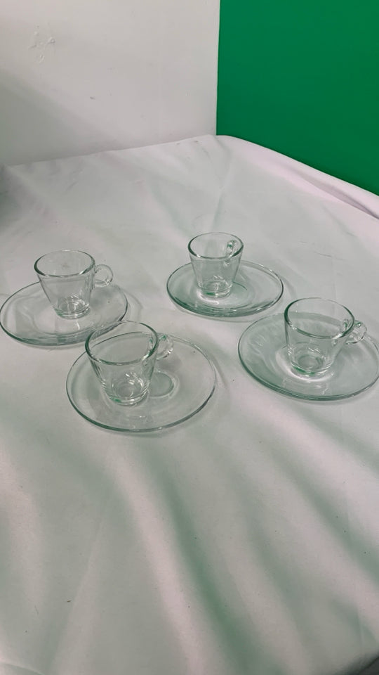 8PC CLEAR GLASS ESPRESSO SET - 4 CUPS, 4 SAUCERS.