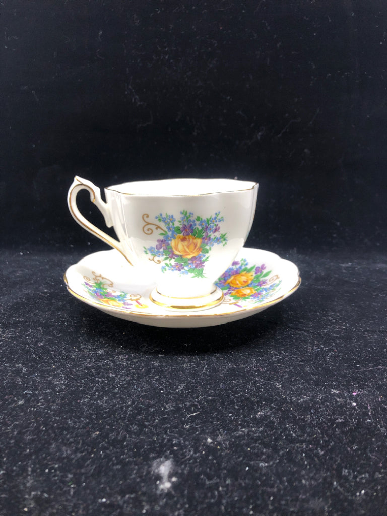 VTG CUP + SAUCER HAPPY ANNIVERSARY YELLOW ROSES/CANDLES.