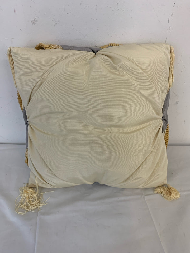 VTG GREY GOLD PATTERN PILLOW W TASSELS.