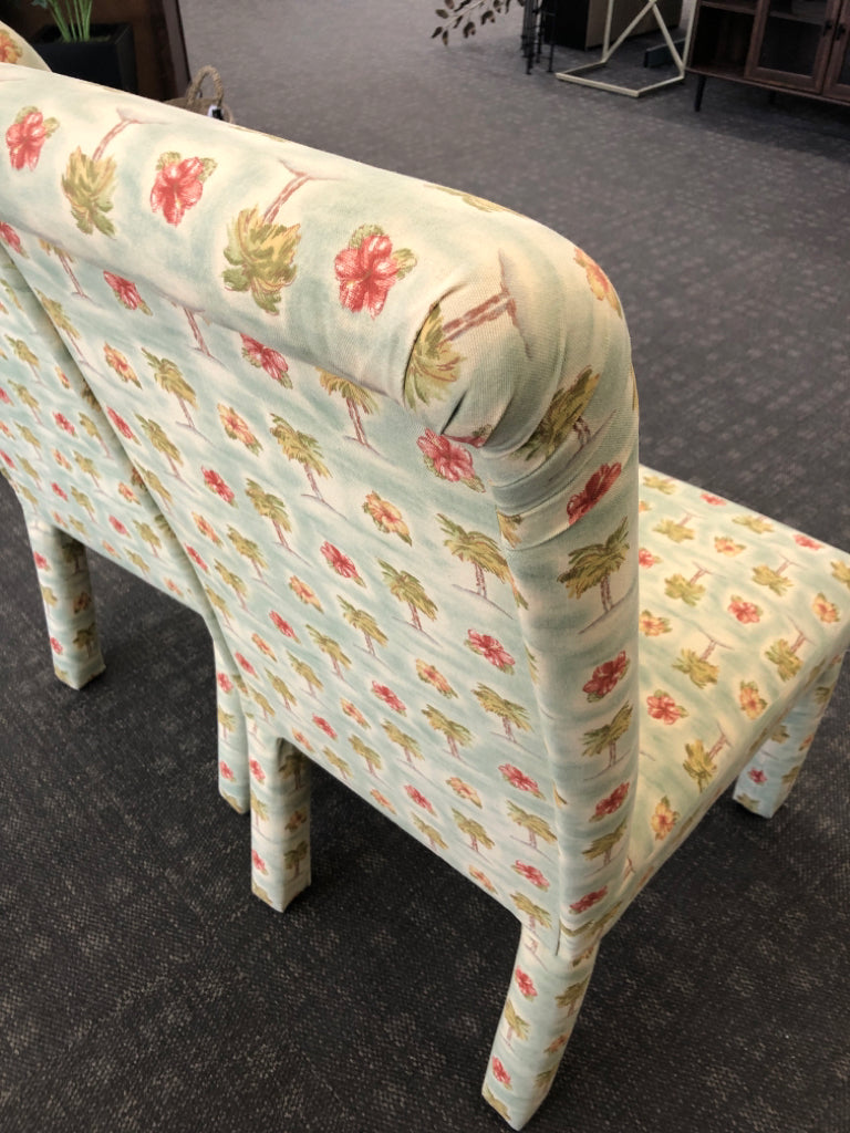 2 HIGH BACK PARSON DINING CHAIRS W/VTG HAWAII PRINT.