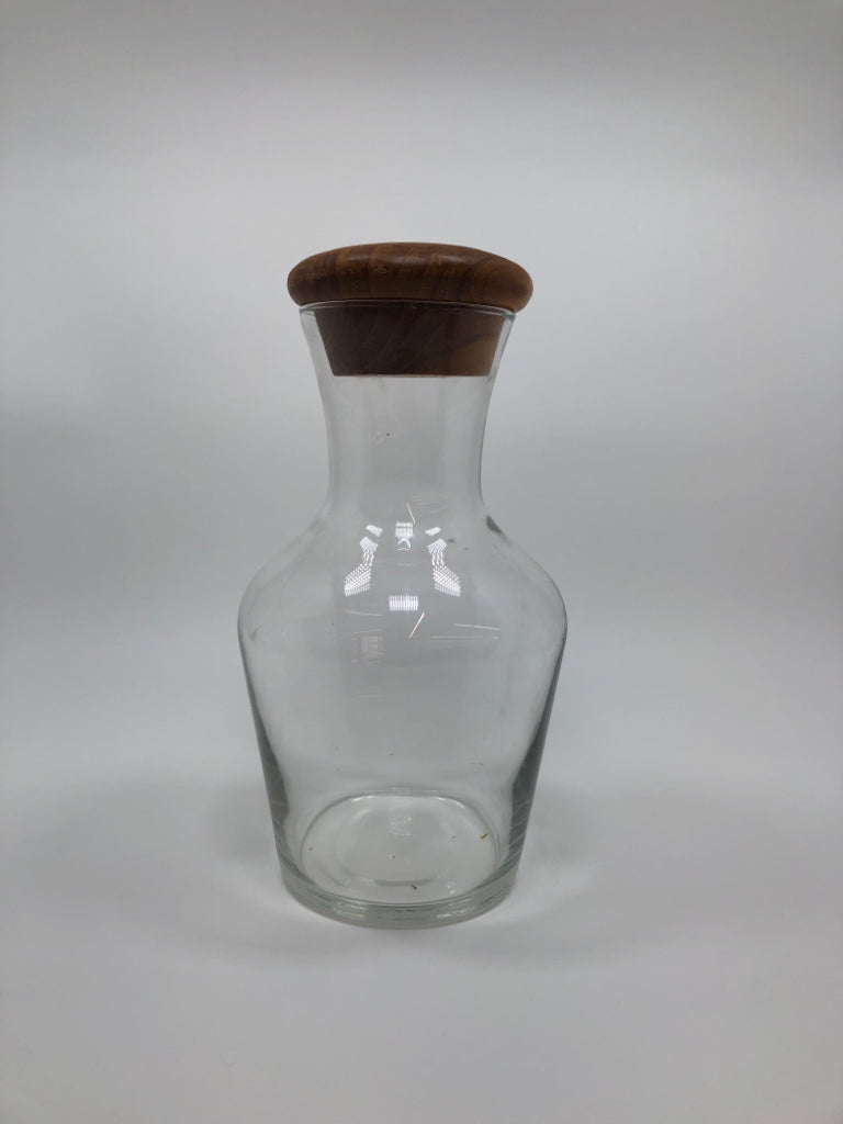 GLASS BOTTLE W/TEAK WOOD LID.