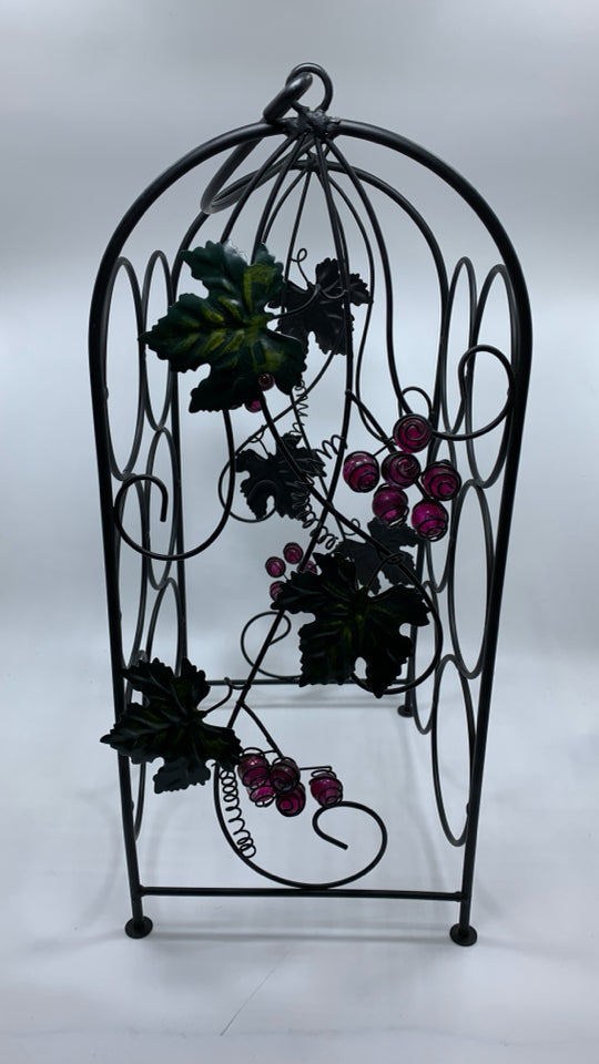 BLACK METAL WINE RACK W/BEADED GRAPES.