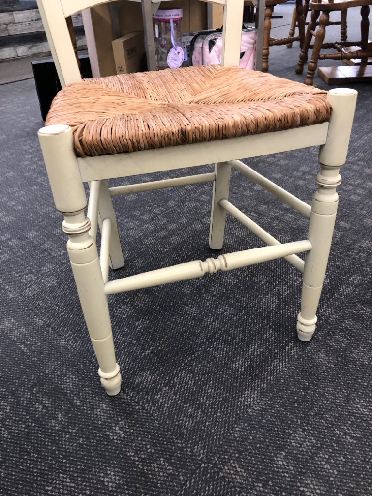 3 YELLOW DISTRESSED WICKER SEAT CHAIR.