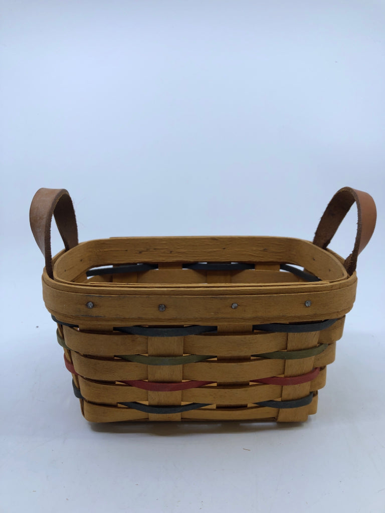 1996 ROUNDED RECTANGLE BASKET WITH 2 LEATHER HANDLES BLUE/GREEN/RED WEAVE.